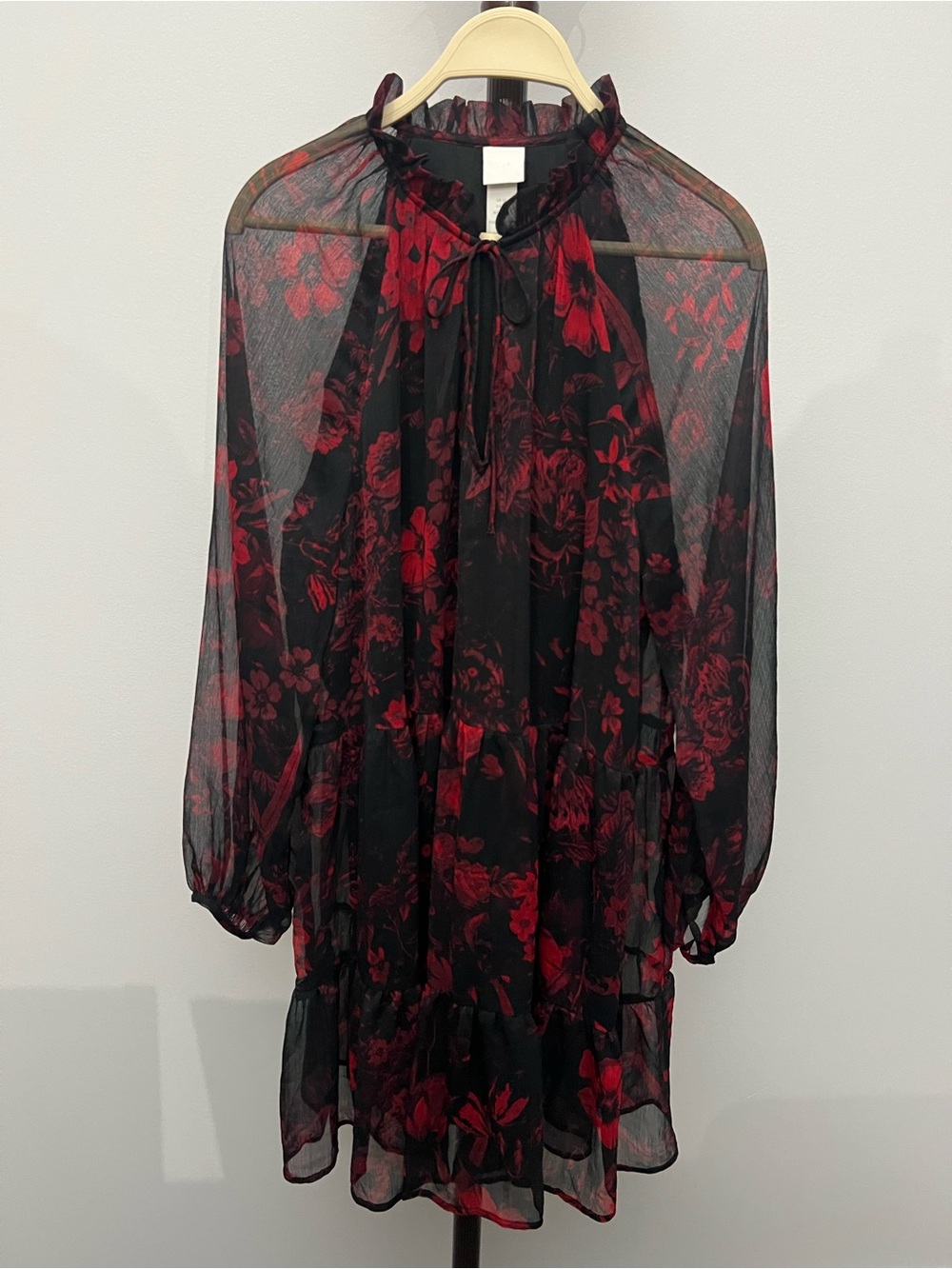 H&M Black Sheer Long-Sleeve Dress with Red Floral Print